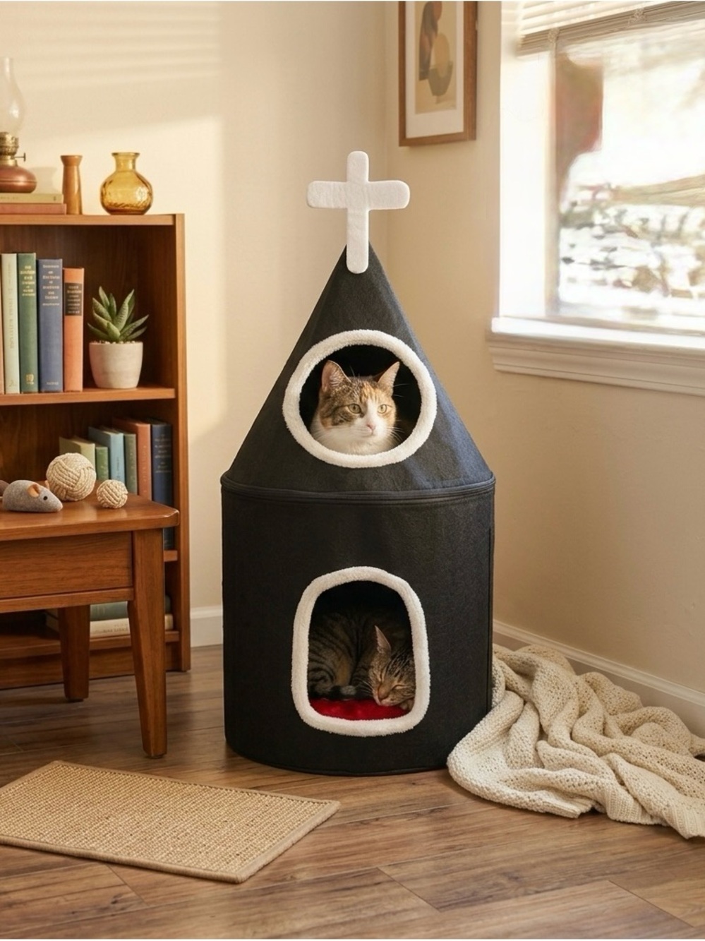 Black Cathedral-Style Cat Condo with Cozy White Trim